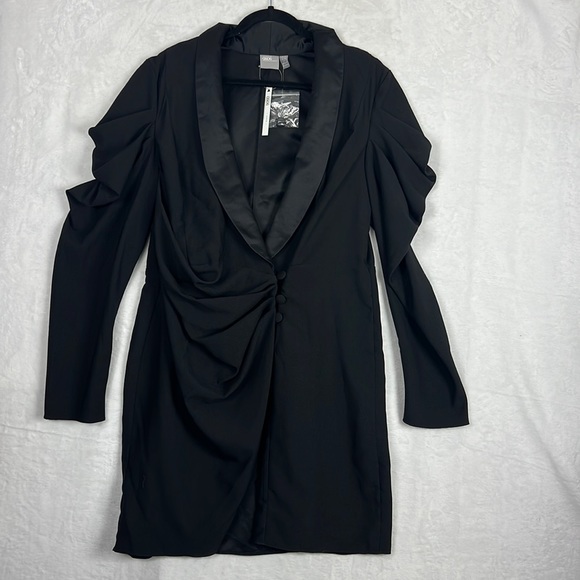 ASOS Curve Black Drape Ruched Long Sleeve Deep Vneck Sexy Tux Blazer Mini Dress - Picture 2 of 16